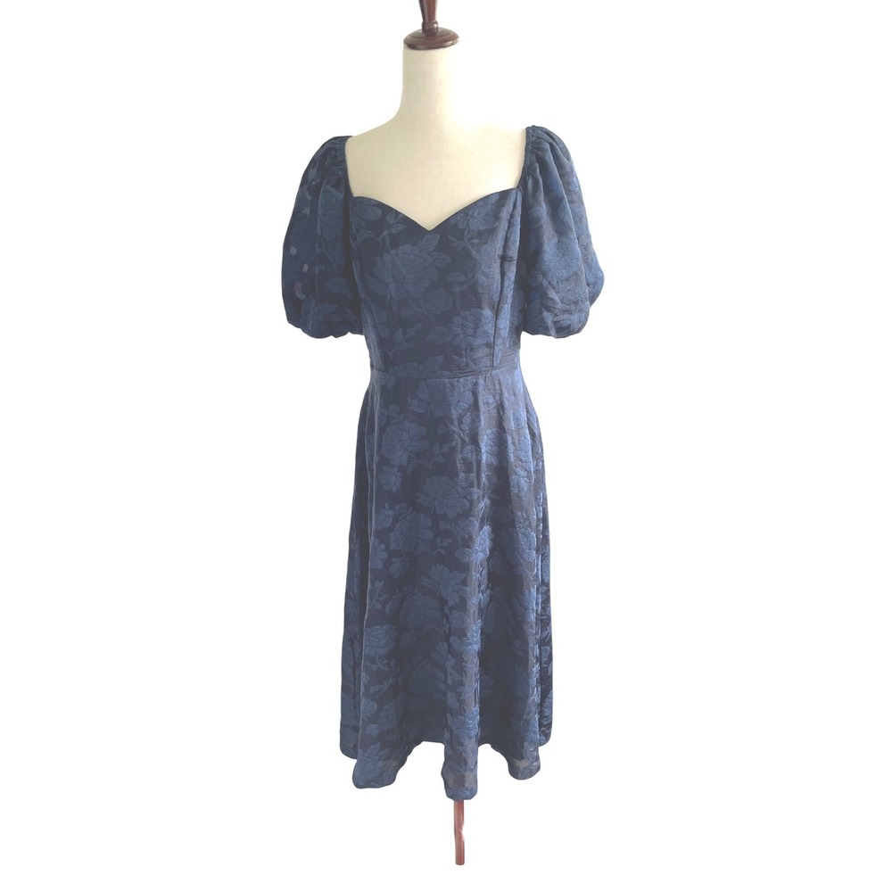 Flying Tomato Navy Blue Floral Jacquard Puff Sleeve Maxi Dress Coquette Large